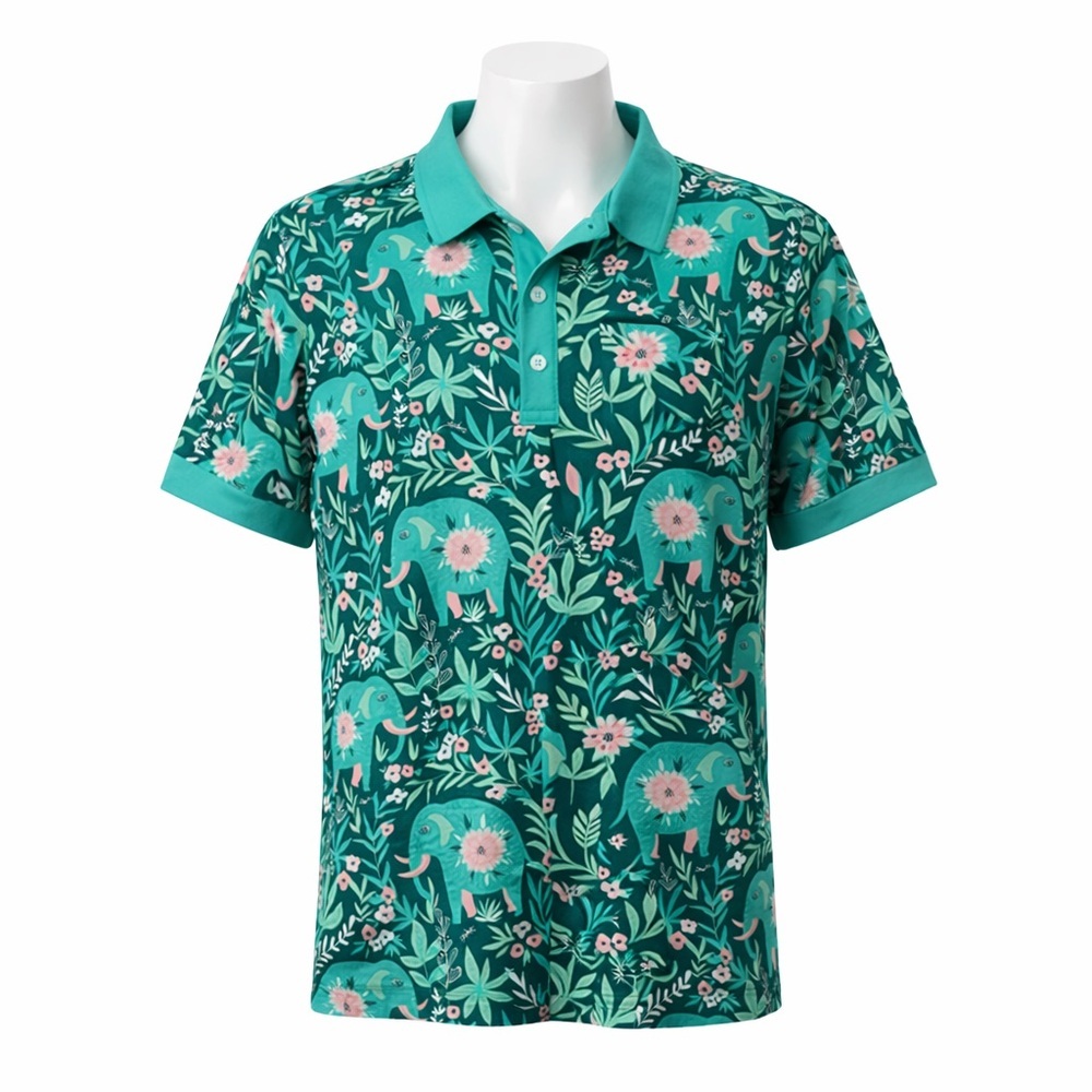 Size S Rolo Golf Men’s Elephant Print Golf Polo Shirt Green Floral Short Sleeve